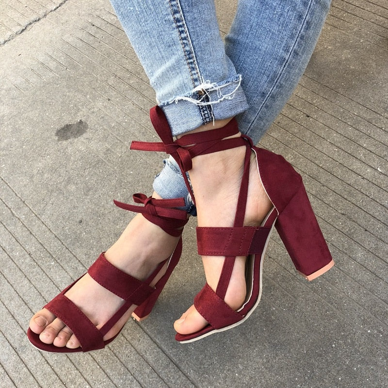 lovevop   Summer Gladiator Sandals Cross Strap High Heels Chunky Heels  Sandals Summer Casual Fashion High Heels Big Size