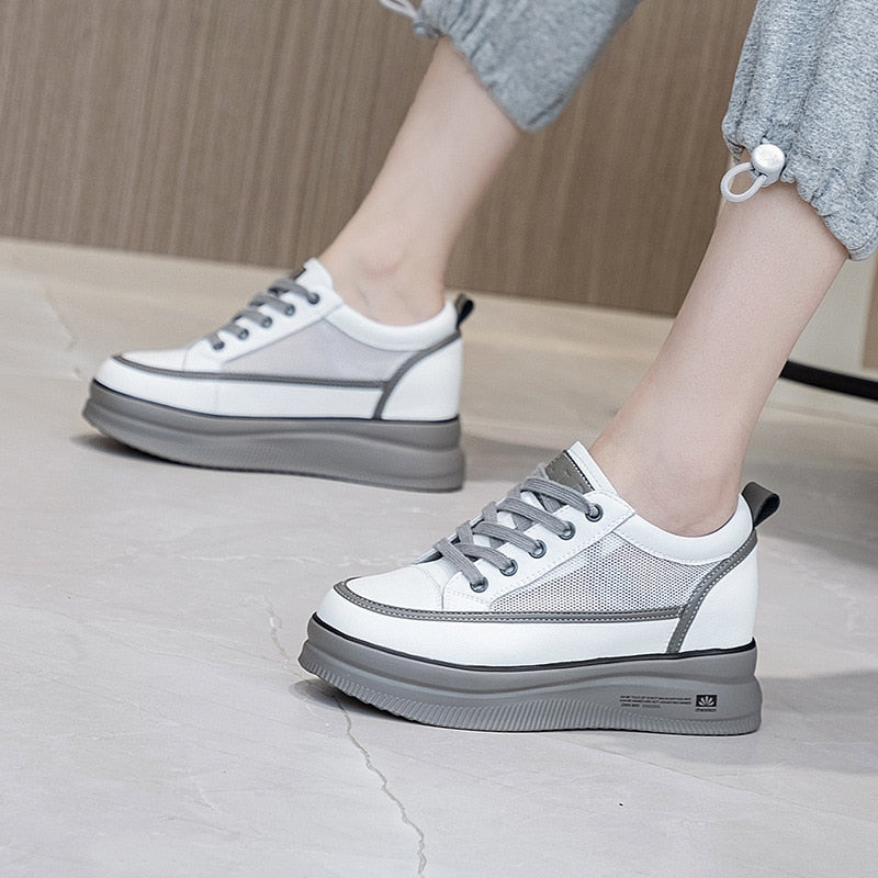 lovevop  6Cm Genuine Leather Women Shoes Platform Wedge Sneakers Women Shoes  Spring Autumn Air Mesh Breathable Shoes