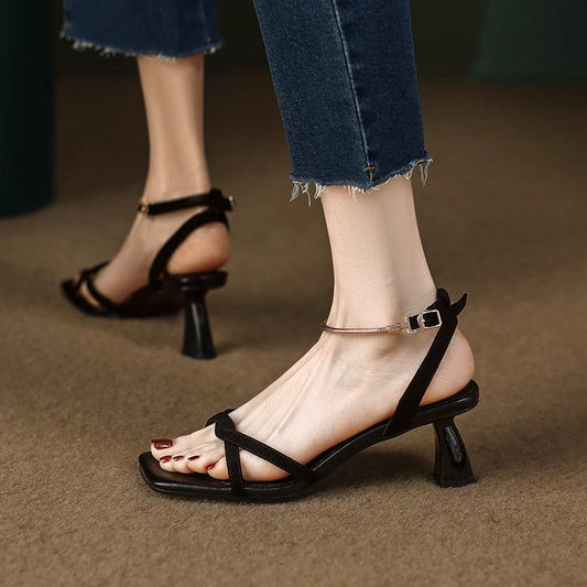 lovevop Sandals for Women High Heel Summer Thin Ankle Straps Mental Buckle Strap Lady Sandals Elegant Fashion Concise Female Shoes