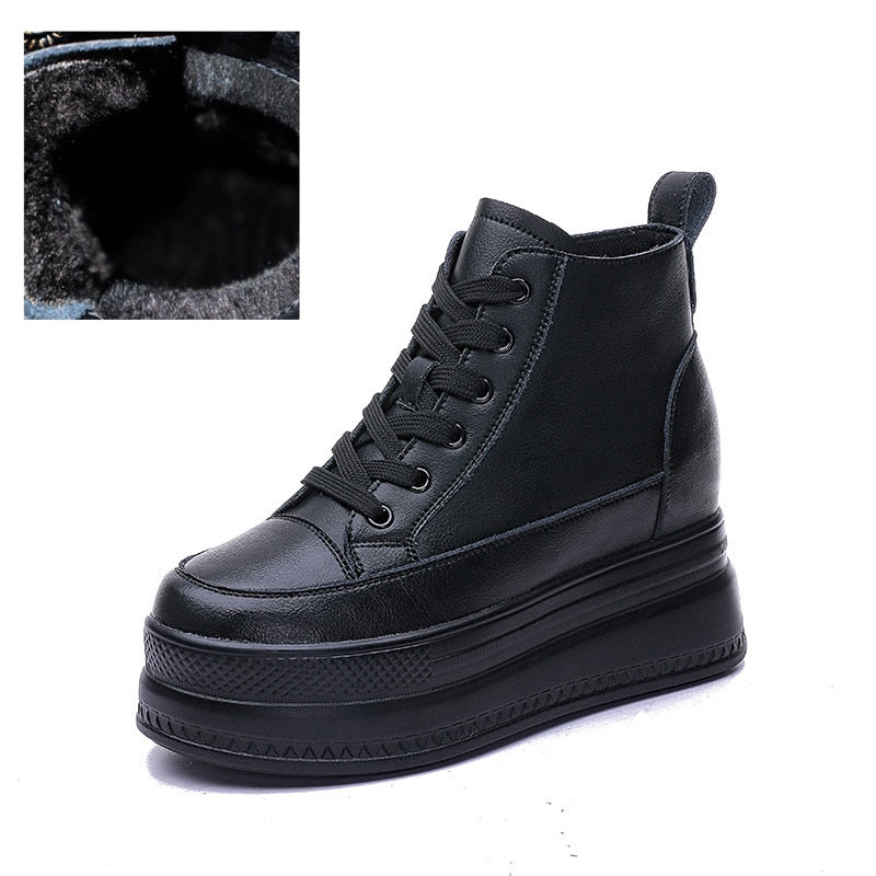 lovevop  9Cm Genuine Leather Women Casual Shoes Chunky Sneakers Za Platform Wedge Hidden Heel Height High Top Women Vulcanized Shoe