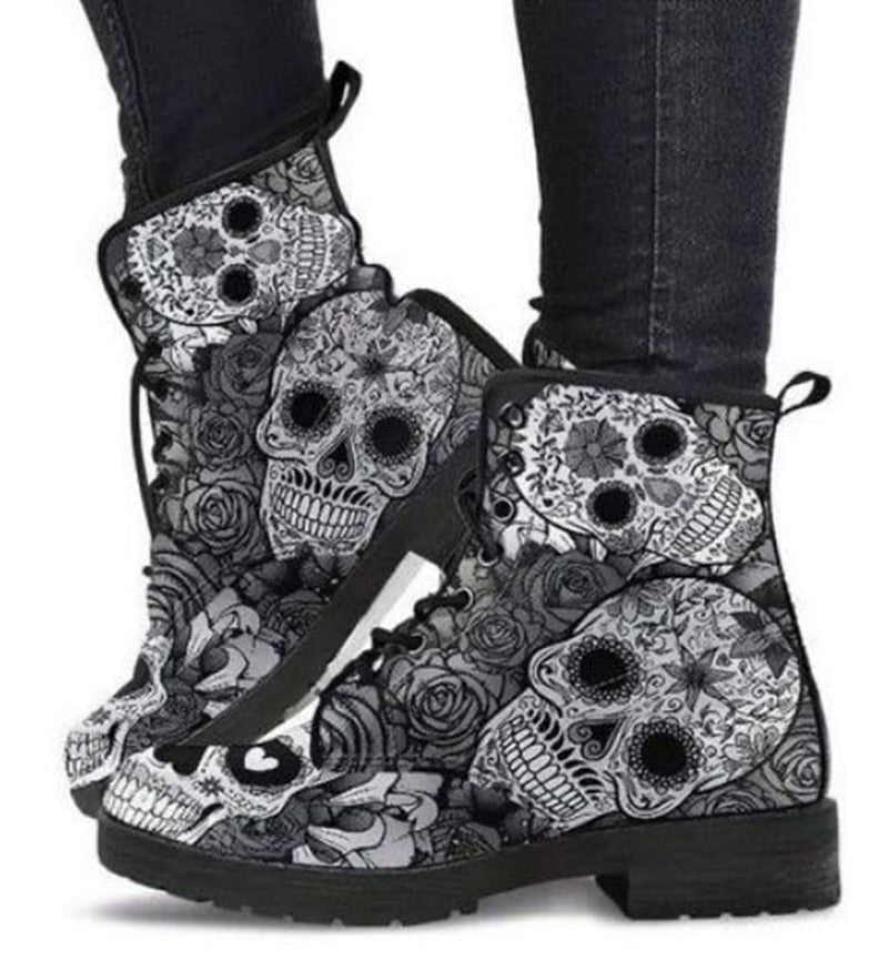 lovevop Skull Flower Print High-Top Boots Women Boot Autumn Winter Fashion Women Tooling Ankle Boots Women Boots Women Botas Mujer