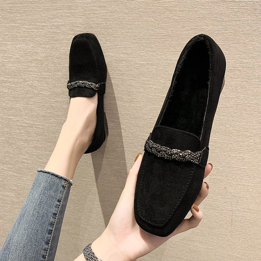 lovevop Autumn Winter Women Loafers Low Heels Boat Shoes Square Toe Dress Shoes Chain Faux Suede Plush Warm Ladies Shoes