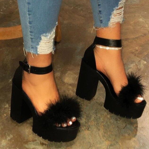 Back to school outfit lovevop  Woman Platform Fur Sandals Ladies INS Plush High Heels Female PU Leather Non Slip Shoe Women Open Toe Women's Footwear Plus Size