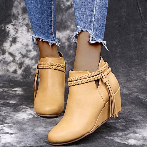 Back To School lovevop  Women's Tassel Anle Boots Woman PU Leather Wedges Women Casual Weave Pumps Ladies Comfortable Shoes Female Footwear Big Size