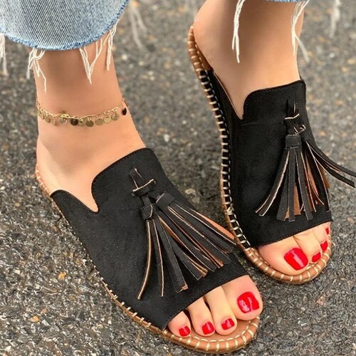 Back to school outfit  lovevop Summer Female Flat Slippers New Sewing Open Toe Footwear Women's Fashion Tassel Comfortable Shoes Ladies Leopard Plus Size