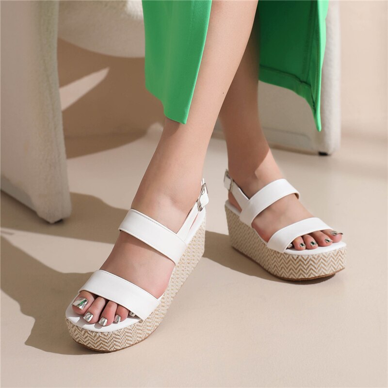 lovevop Plus Size 43 Platform Shoes Women  Summer New Fashion Concise Casual Solid Pu Leather 4Cm Wedges Buckle Strap Sandas White