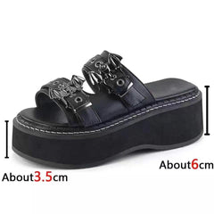 lovevop  Woman Summer Slippers Shoes Women Gothic Punk Round Toe Platform Sandals Slide Lady High Heels Wedges Female Sandals Black Shoe