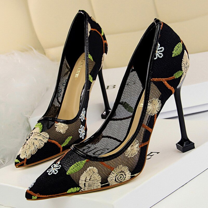 lovevop  Summer Fashion High Heels Women's Floral Embroidered Lace   Party Stiletto High Heels Mesh Women's Shoes