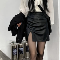 lovevop Back to college Punk Leather Skirt Women Black   Split Slim High Waisted A-Line Mini Skirts Autumn Korean Fashion Harajuku Streetwear