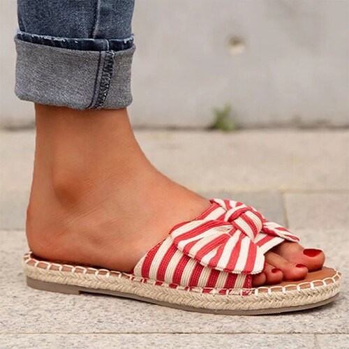 Back to school lovevop  Women's Bow Slippers  Summer Ladies Sandals Flat Woman Stripe Open Toe Slides Female Beach Shoes Women Slip On Footwear