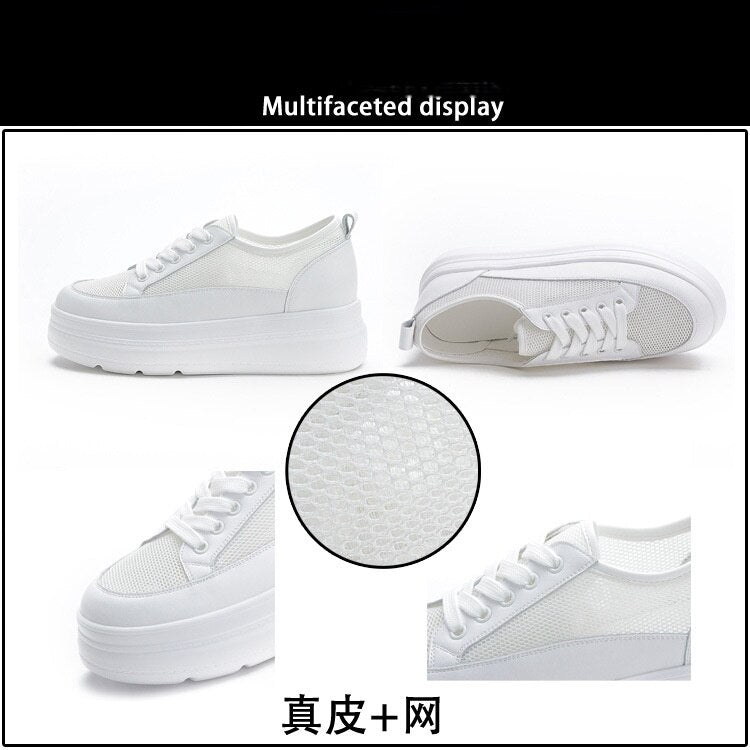 lovevop  6Cm Women Summer Shoes Platform Flats White Genuine Leather Air Mesh Hollow Thick Sole Wedge Heel Zapatos Para Mujer