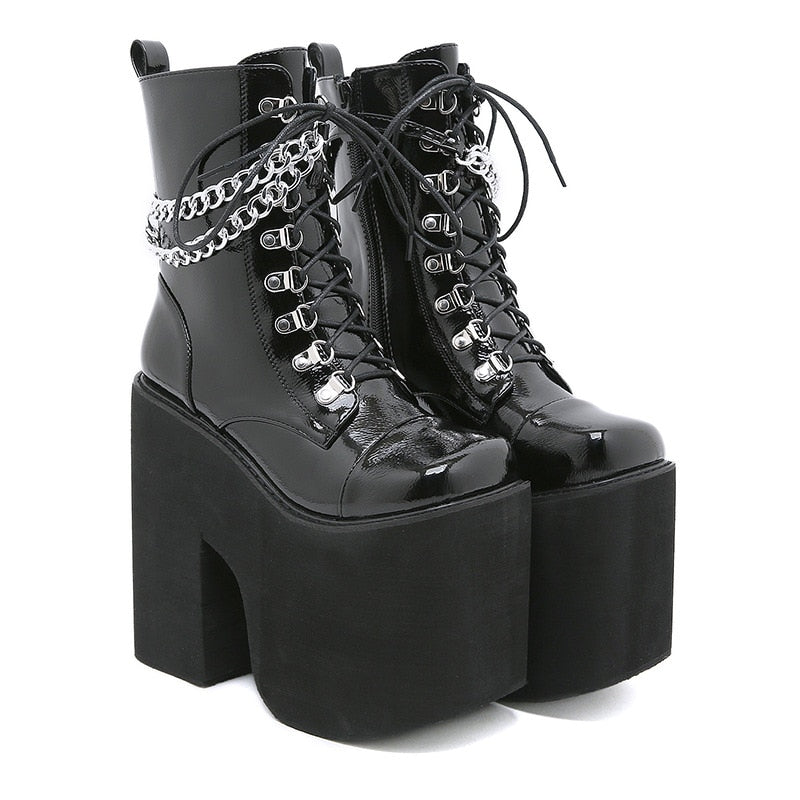 lovevop  Winter Platform Boots Women's Square Toe Chunky Heel Platform Chain Front Lace-Up Short Boots Calcados Feminino Confortavel