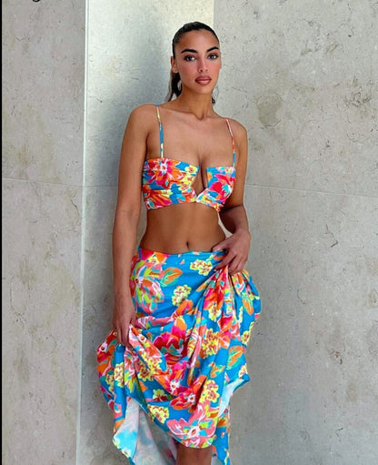 lovevop Back to college  Colorful Flower Print Sleeveless Slip Crop Top Folds Skirts 2 Pieces Set Summer Women   Clothes Beach Festival Y2K