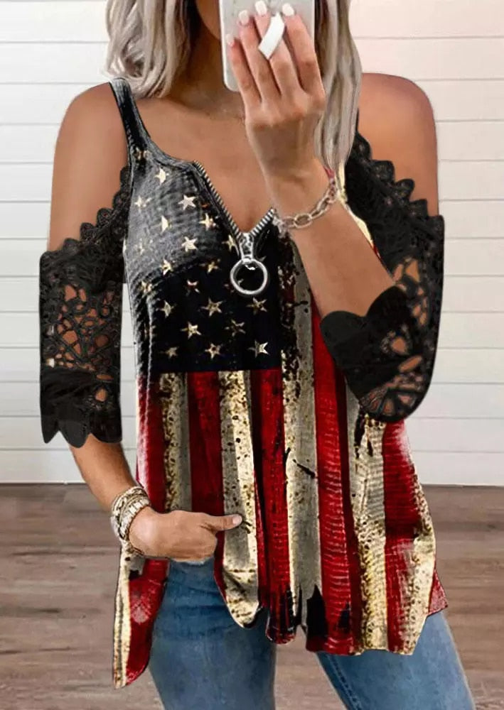 Women American Flag Blouse Star Striped Lace Cold Shoulder Shirts Short Sleeve Zipper 4th of July Independence Day Graphic Tee