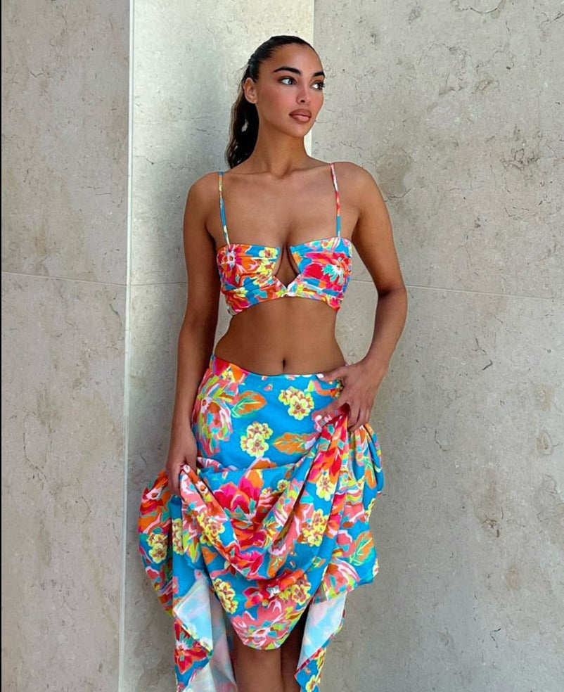 lovevop Back to college  Colorful Flower Print Sleeveless Slip Crop Top Folds Skirts 2 Pieces Set Summer Women   Clothes Beach Festival Y2K