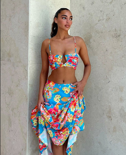 lovevop Back to college  Colorful Flower Print Sleeveless Slip Crop Top Folds Skirts 2 Pieces Set Summer Women   Clothes Beach Festival Y2K