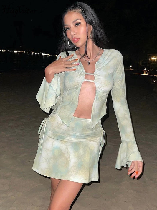 Back to college  Tye Die Long Flare Sleeve Ruched Hollow Out Crop Top Lace Up Skirt 2 Pieces Matching Set Summer Elegant Vacation Outfit