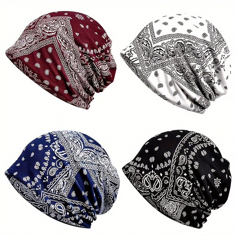 4pcs/set Classic Vintage Paisley Print Unisex Slouchy Beanie - Skullies & Beanies with Elastic Warm Lightweight Design, Perfect for Women & Men - Hip Hop Baggy Hat for Casual Wear