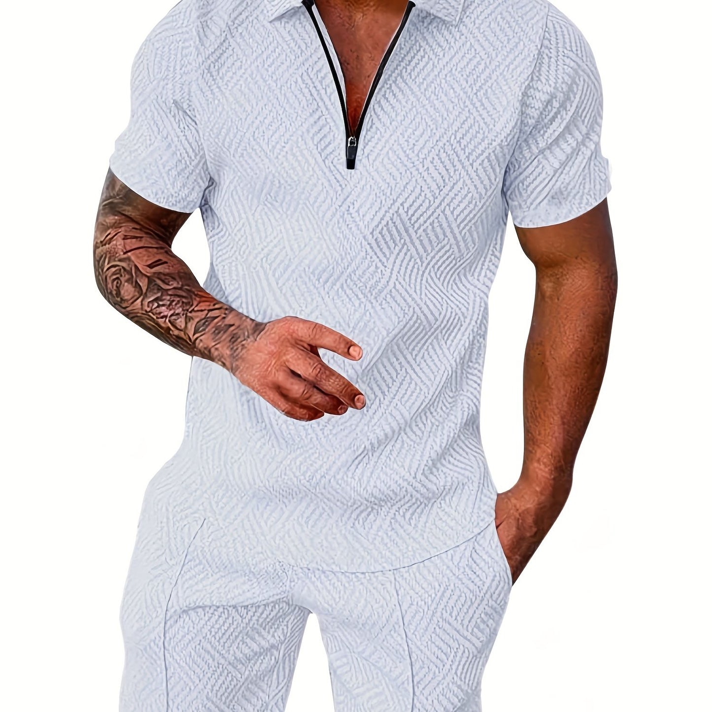 「lovevop」Men's Polyester Thin V-neck Zipper Sweatsuits With V-neck Zipper T-shirt & Shorts Christmas Gifts Best Sellers