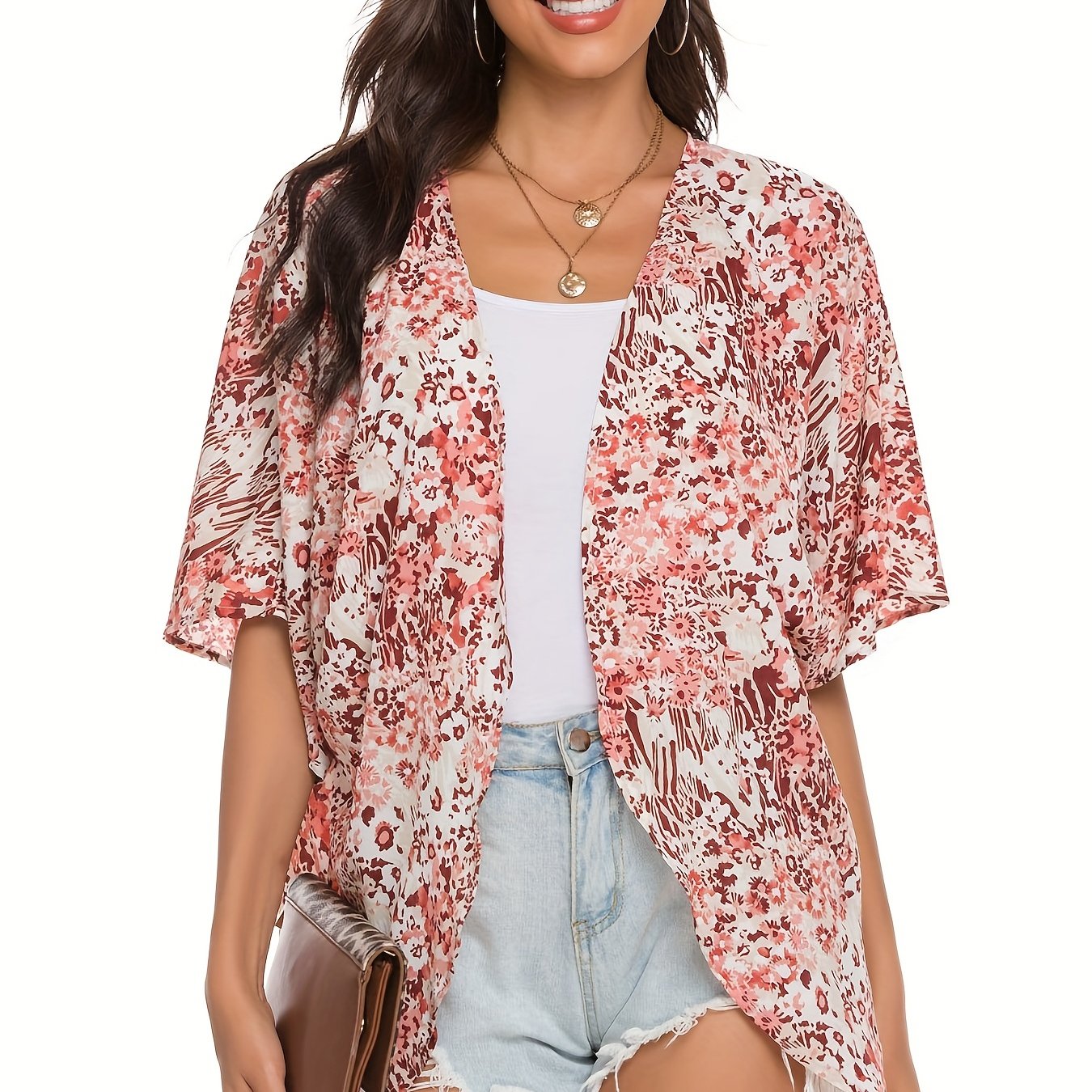 「lovevop」Floral Print Chiffon Blouse, Boho Open Front 3/4 Sleeve Beach Wear Cover Up Blouse, Women's Clothing