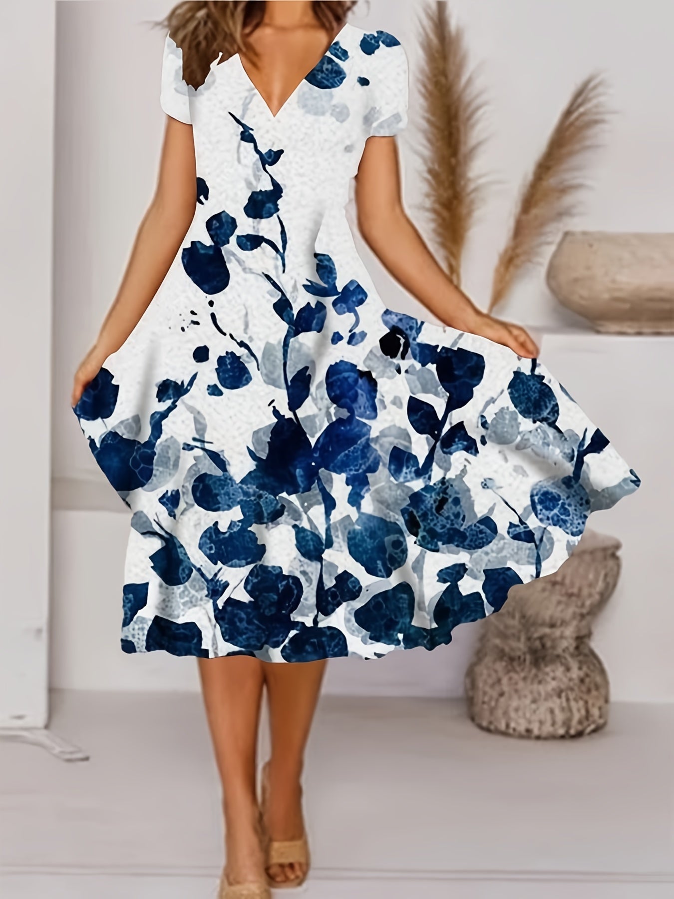 「lovevop」Floral Print A Line Dress, Casual V Neck Short Sleeve Midi Dress, Women's Clothing