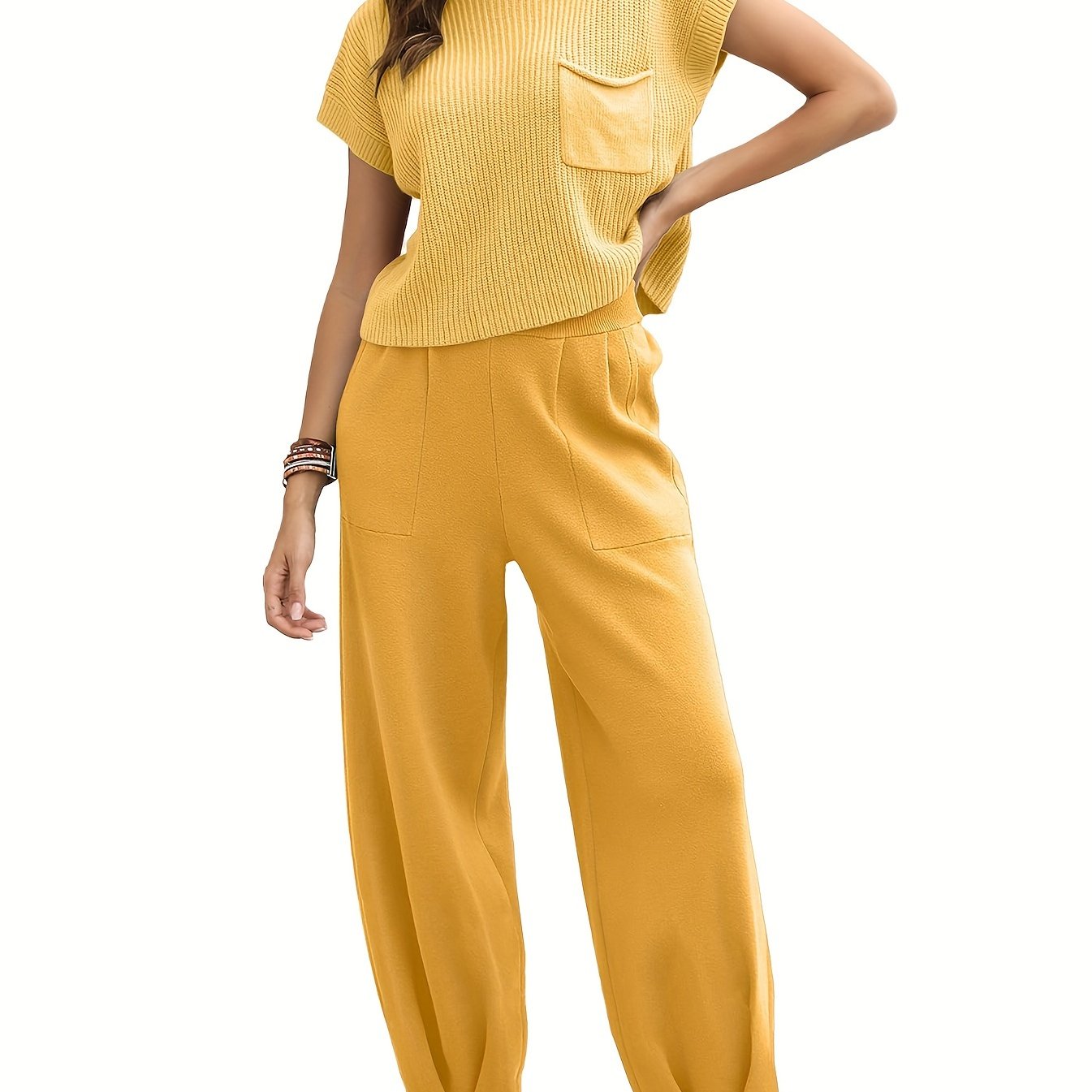 Two-Piece Jogger Pants Set - Soft, Elegant, Short Sleeve Pocket Knit Top & Loose Fit Pants Outfit - Comfortable, Versatile, and Chic Women's Clothing for Everyday Wear