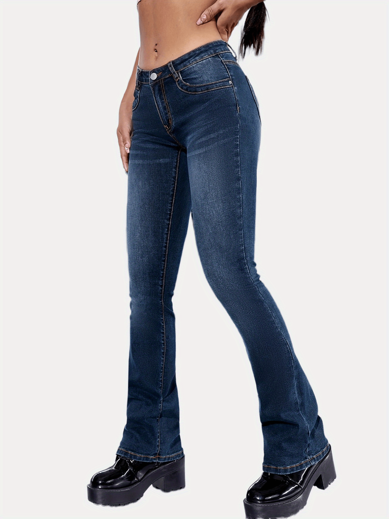 「lovevop」High Rise Solid Color Boot-Cut Jeans, High Waist Wide Leg Slim Fit Bell Bottom Flare Jeans, Y2K Women's Denim Jeans & Clothing