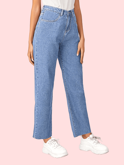 「lovevop」Blue High Waist Straight Jeans, Loose Fit Wide Legs Slash Pockets High Rise Denim Pants, Women's Denim Jeans & Clothing