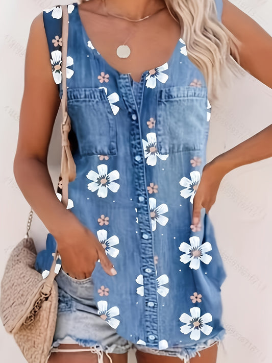 「lovevop」Denim & Flower Print Tank Top, Sleeveless Crew Neck Tank Top, Casual Every Day Tops, Women's Clothing