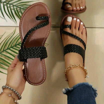 「lovevop」Women's Braided Flat Sandals, Solid Color Toe Loop Non Slip Slides Shoes, Outdoor Beach Slippers