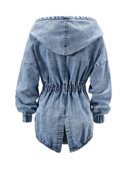 Lovevop-Belted Closure Elastic Band Cuff Denim Hooded Jackets, Elastic Belt Non Button Denim Coats, Women's Denim Jackets & Coats, Women's Clothing