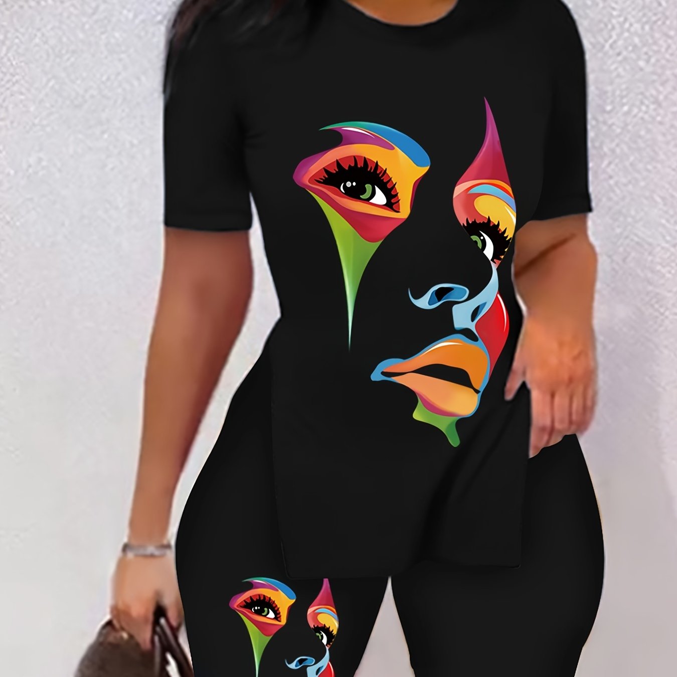 「lovevop」Graphic Print Two-piece Set For Spring & Summer, Short Sleeve Crew Neck Side Split Casual T-Shirt & Shorts For Spring & Summer, Women's Clothing
