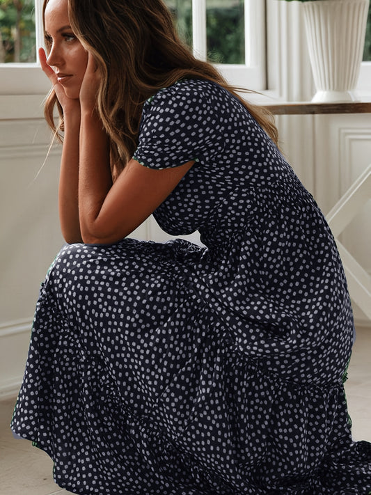 「lovevop」Floral Print Square Neck Dress, Boho Puff Sleeve High Waist Tiered Flowy Summer Maxi Dresses, Women's Clothing