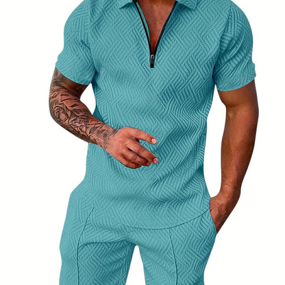 「lovevop」Men's Polyester Thin V-neck Zipper Sweatsuits With V-neck Zipper T-shirt & Shorts Christmas Gifts Best Sellers