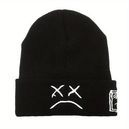 Trendy Sad Face Embroidery Graphic Beanie - Skullies & Beanies with Cuffed Design, Black & White Knit, Hip Hop Style, Casual Wear for Women and Men - Fashionable Winter Accessories