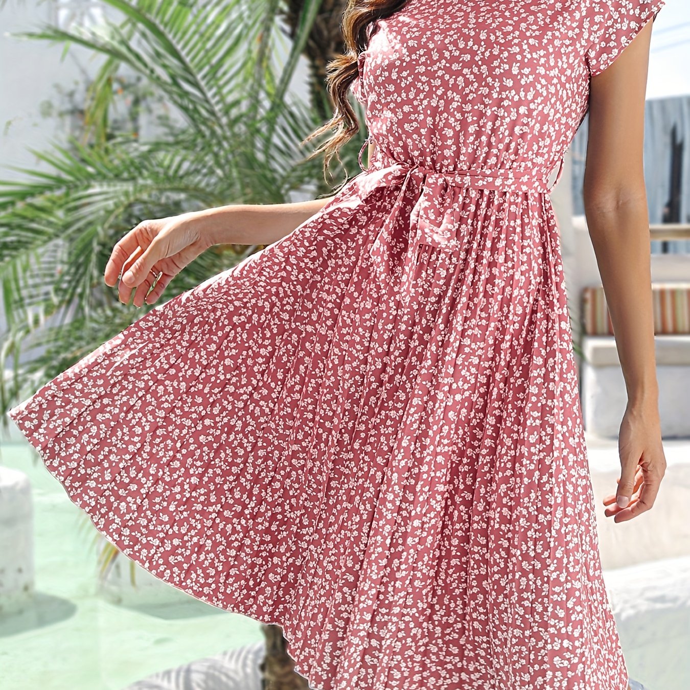 「lovevop」Ditsy Floral Print Belted Dress, Short Sleeve Casual Every Day Vacation Dress For Spring & Summer, Women's Clothing