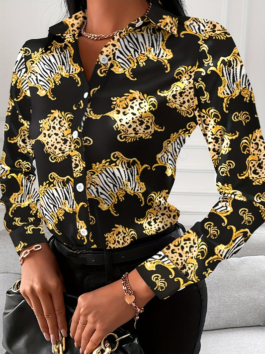 「lovevop」Women's Blouse V-neck Print Button Long Sleeve Loose Fall Blouse