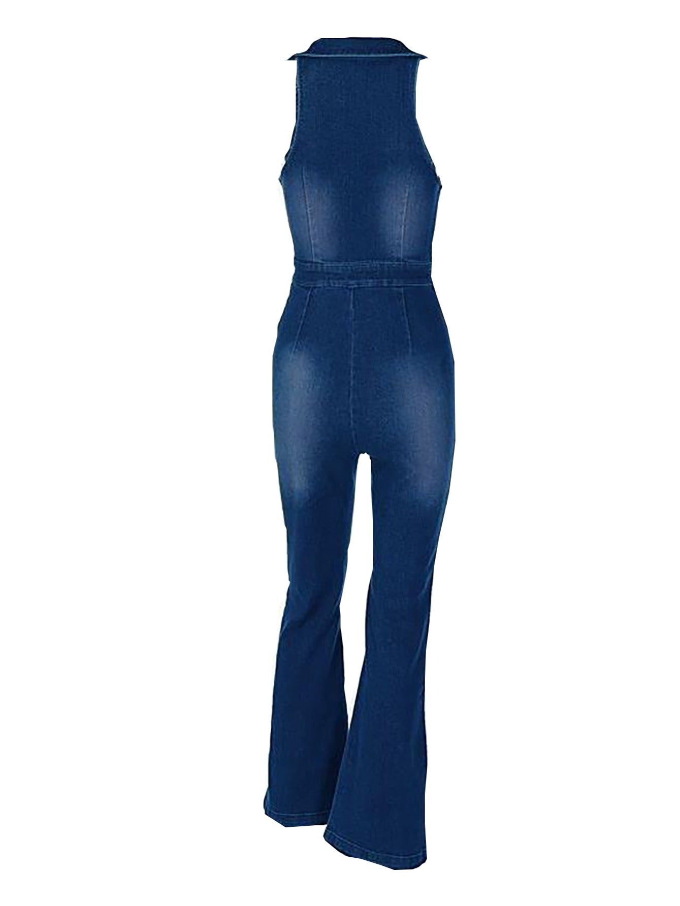 Lovevop-Blue Front Zipper Denim Jumsuit, Sleeveless V Neck Loose Fit Wide Leg Flare Jeans Denim Overalls, Women's Denim & Clothing