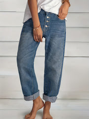 「lovevop」Rolled Hem Single-breasted Closure Straight Legs Loose Fit Casual Denim Pants Straight Jeans, Women's Denim Jeans