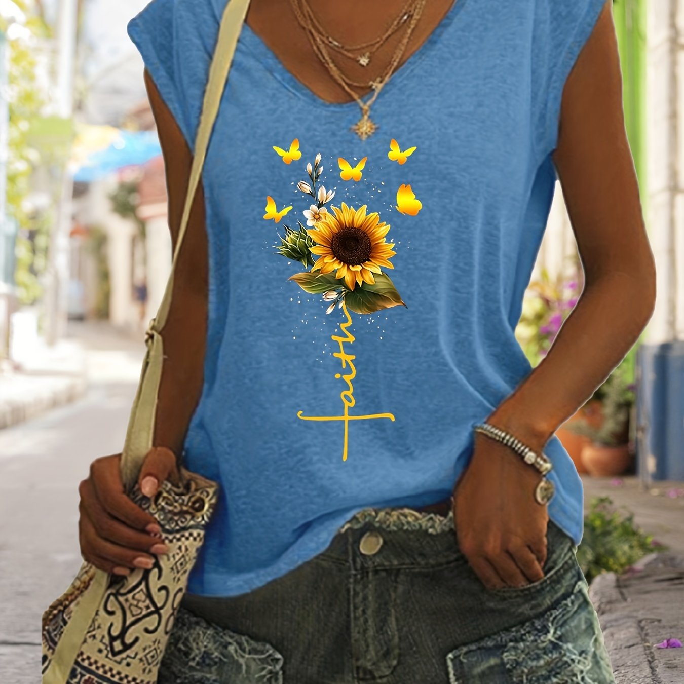 「lovevop」Sunflower Print Tank Top, Sleeveless Casual Top For Spring & Summer, Women's Clothing