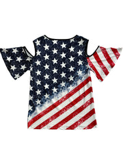「lovevop」Cold Shoulder Flag Print T-Shirt, Casual Crew Neck Short Sleeve T-Shirt For Spring & Summer, Women's Clothing