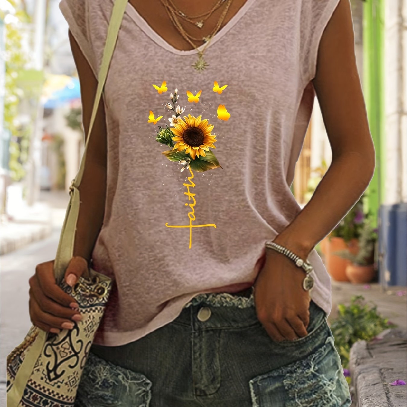 「lovevop」Sunflower Print Tank Top, Sleeveless Casual Top For Spring & Summer, Women's Clothing