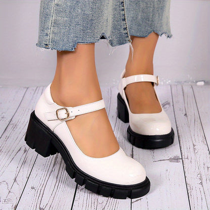 Women's Chunky Heel Shoes, Solid Color Round Toe Buckle Strap Shoes, Versatile Dress Mid Heels