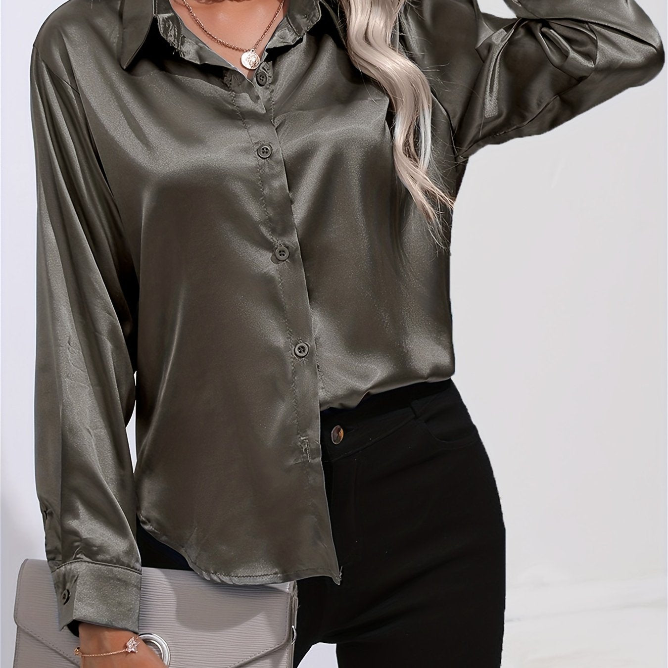 「lovevop」Solid Smoothly Shirt, Elegant Button Front Turn Down Collar Long Sleeve Shirt, Women's Clothing