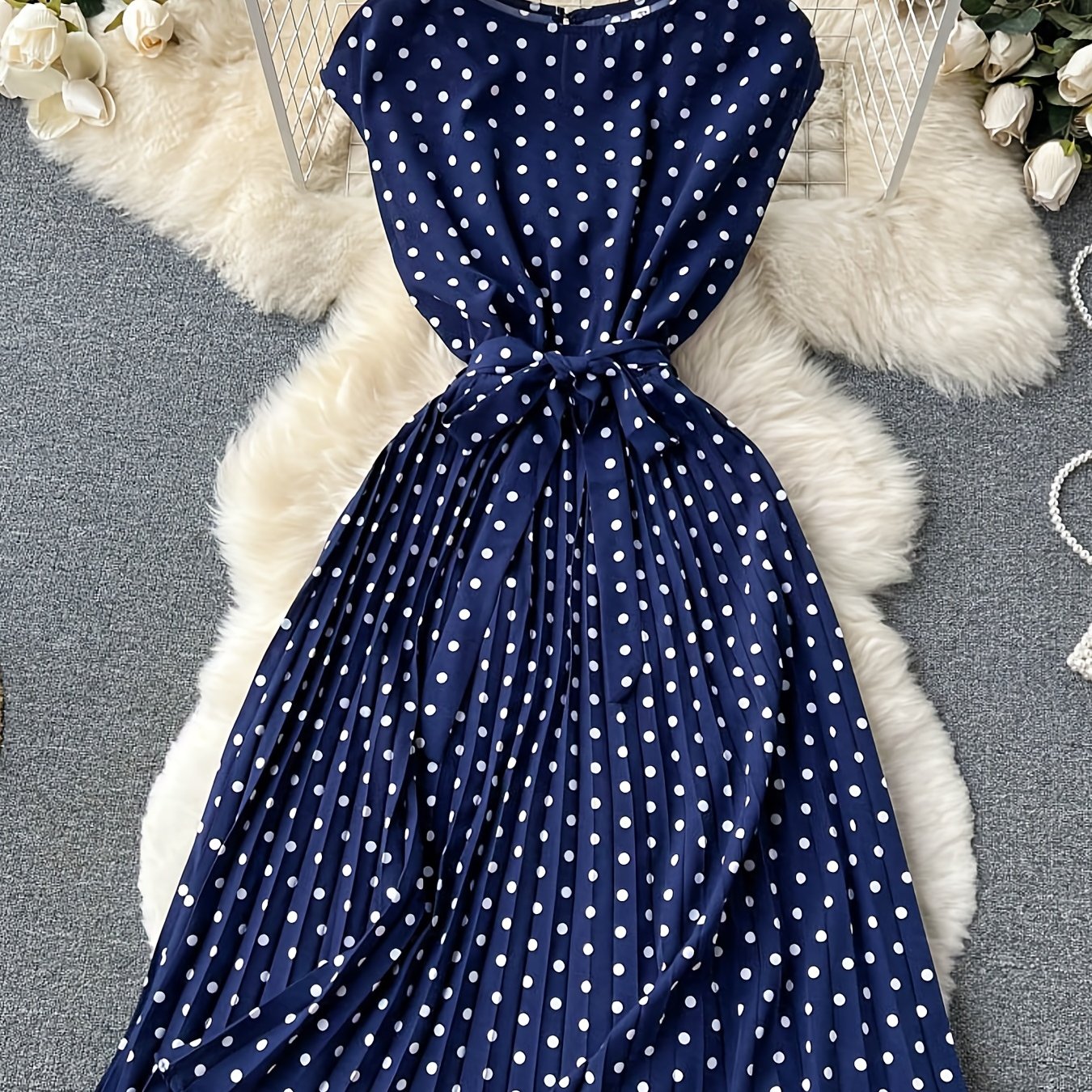 「lovevop」Polka Dot Pleated Dress, Short Sleeve Casual Dress For Spring & Summer, Women's Clothing