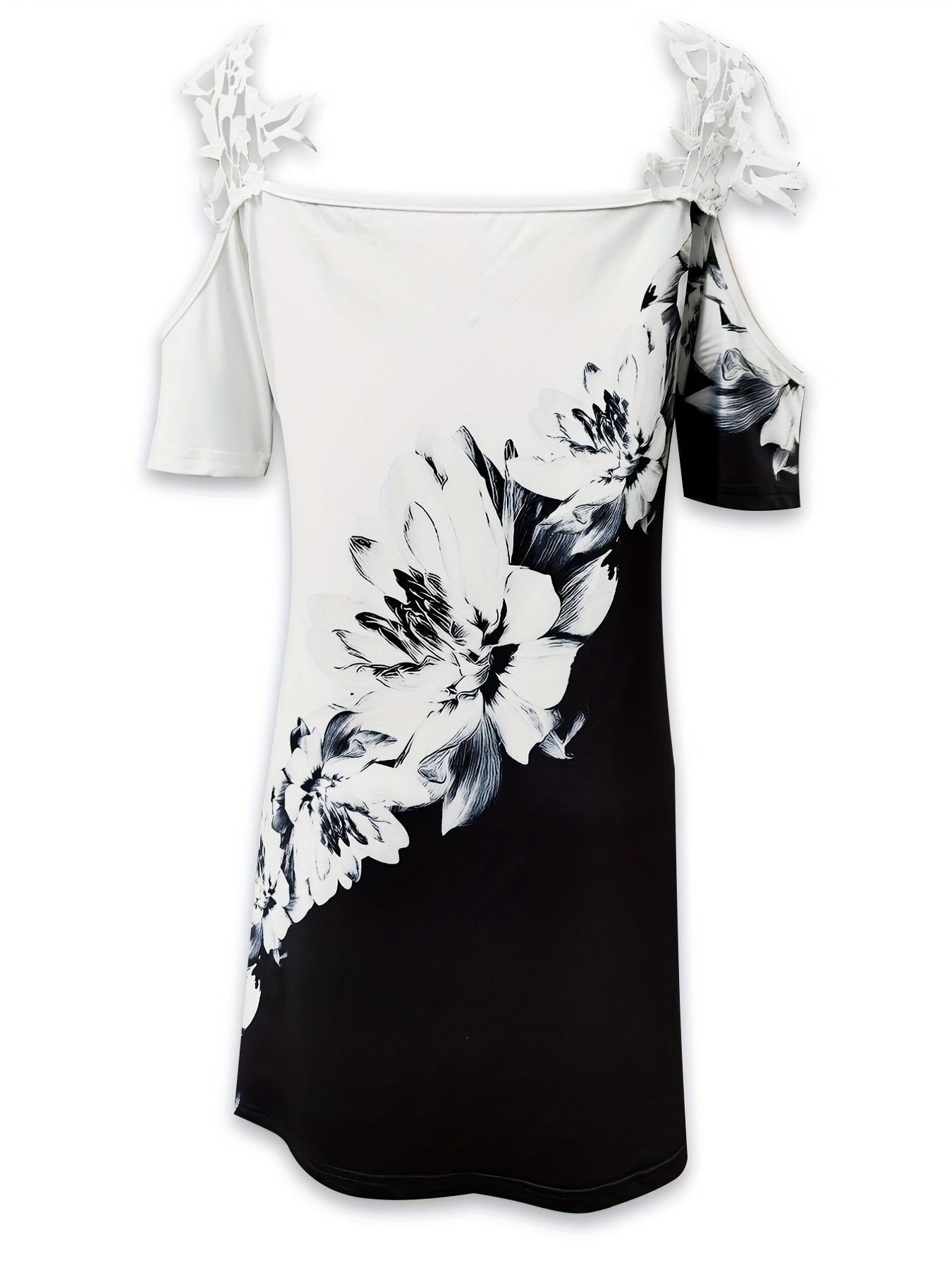 「lovevop」Floral Print Cold Shoulder Dress, Casual V Neck Color Block Dress For Spring & Summer, Women's Clothing
