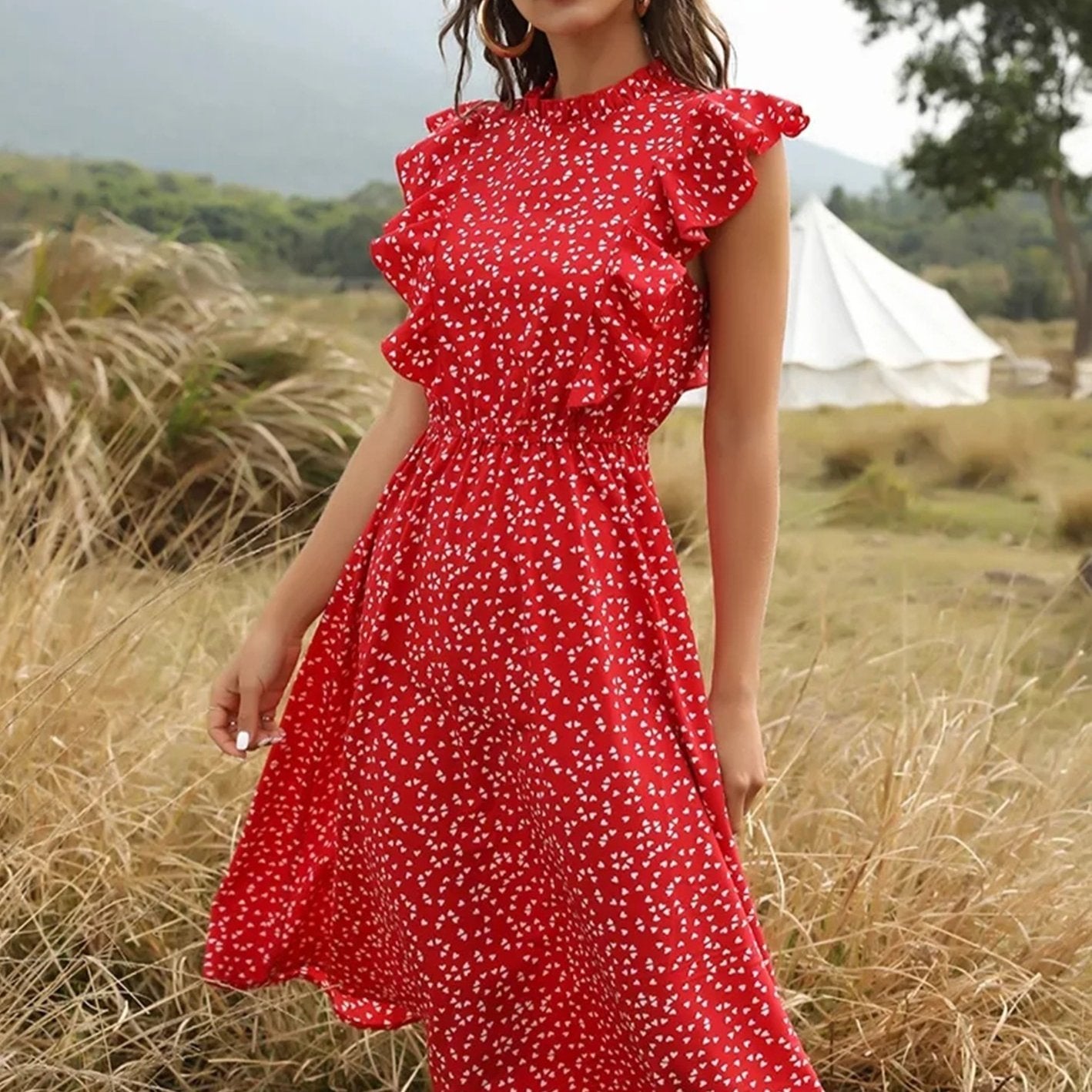 「lovevop」Women's Dresses Chiffon Dress Women Elegant Summer Floral Print Ruffle A-line Sundress Casual Fitted Clothes To Knees Dresses