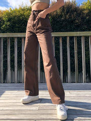 「lovevop」Light Brown High Waist Straight Leg Jeans, Loose Retro Slash Pocket Long Pants, Women's Denim Jeans & Clothing