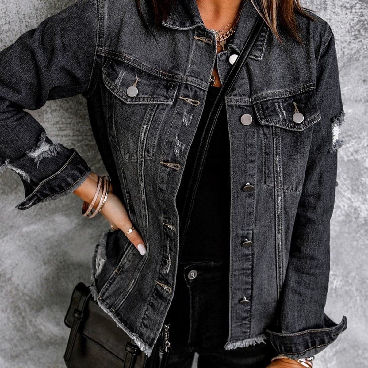 Lovevop-Black Lapel Distressed Denim Coats, Raw Hem Single-Breasted Buttons Long Sleeve Denim Jackets, Women's Denim Clothing