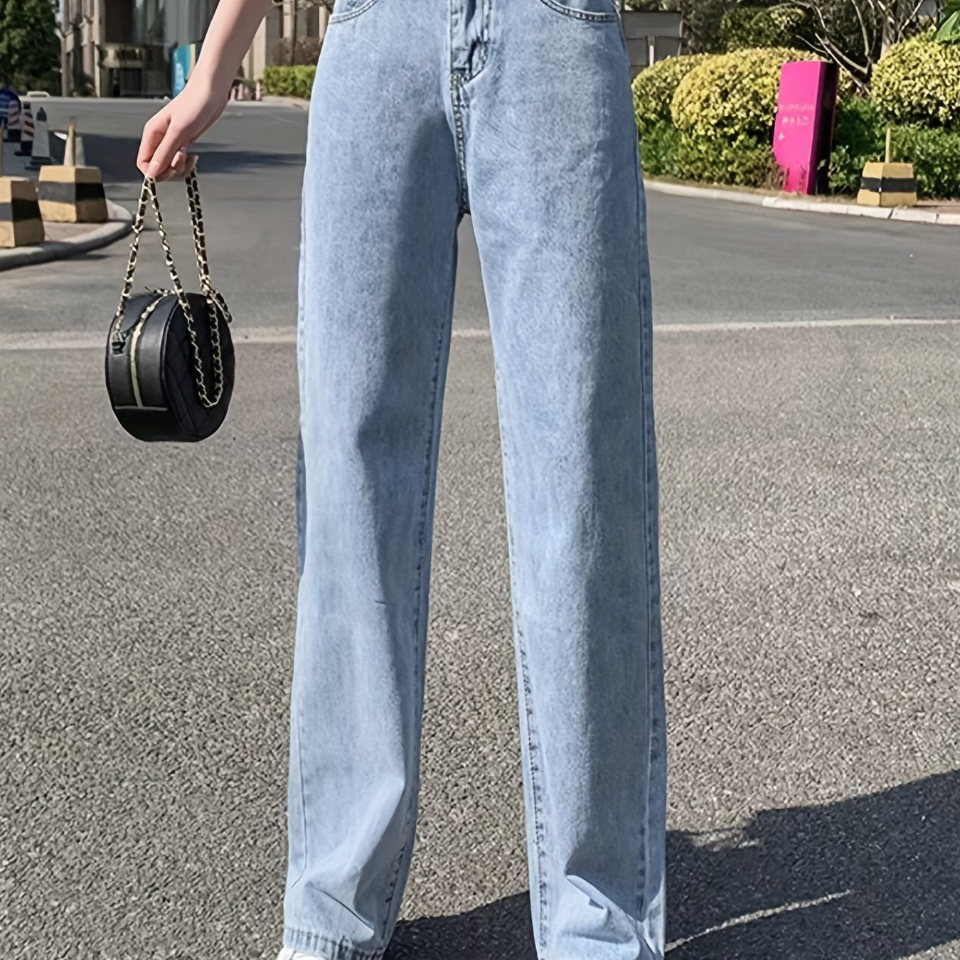 「lovevop」Blue High Waist Straight Jeans, Loose Fit High Rise Slash Pockets Non-Stretch Denim Pants, Women's Denim Jeans & Clothing